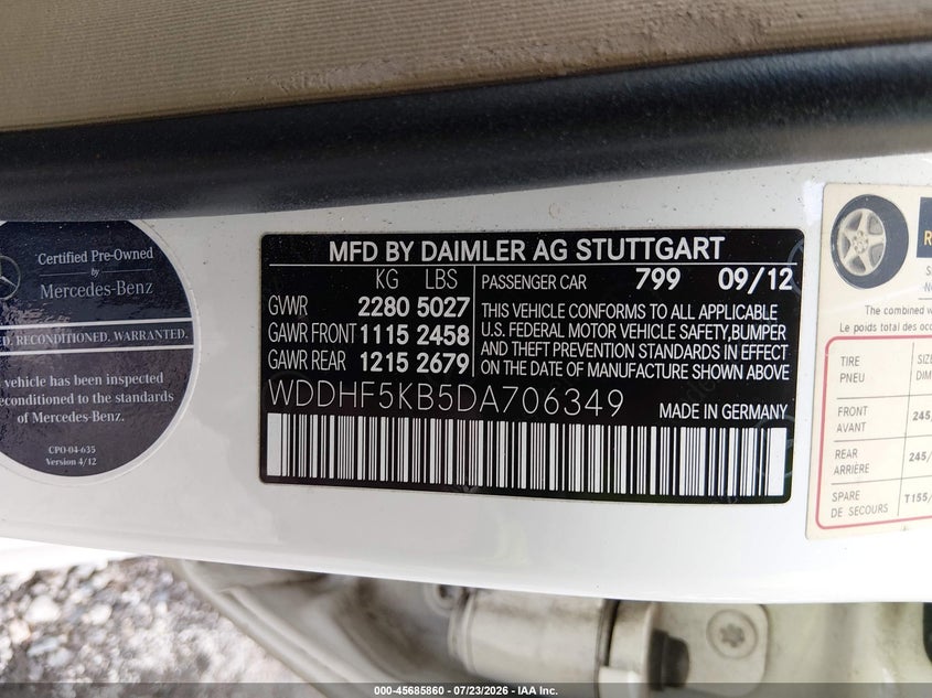 2013 Mercedes-benz E-klasse VIN WDDHF5KB5DA706349 IAAI salvage auction — FRONT END, Salvage (Idaho), sold $800 on 2026-08-21 (photo 9)
