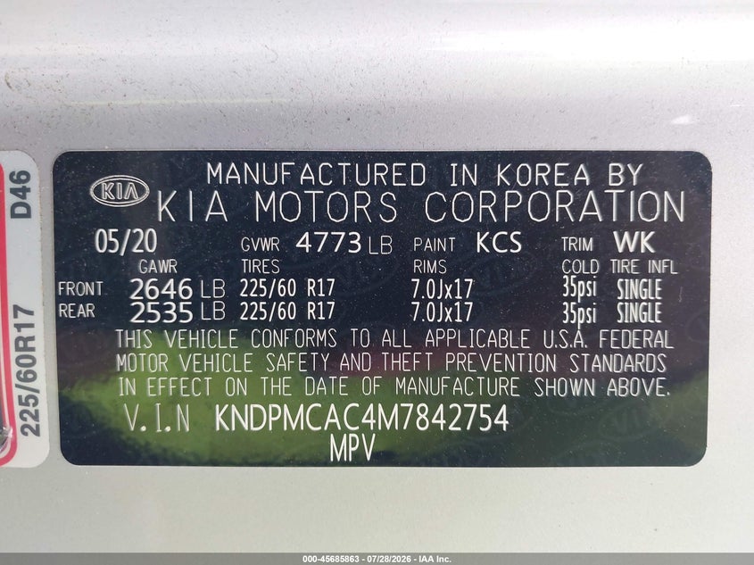 2021 Kia Sportage VIN KNDPMCAC4M7842754 IAAI salvage auction — NORMAL WEAR, Clear (Maryland), sold $425 on 2026-07-30 (photo 9)