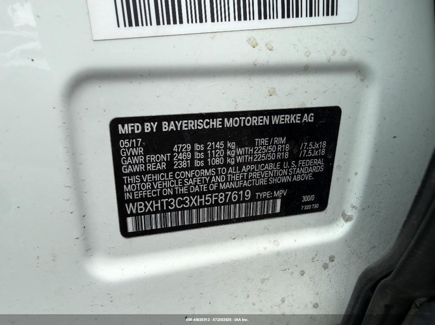 2017 BMW X1 VIN WBXHT3C3XH5F87619 IAAI salvage auction — NORMAL WEAR, Original (West Virginia), sold $2,900 on 2026-07-29 (photo 9)