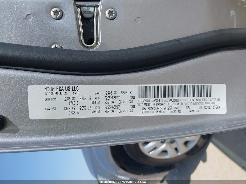 2015 Dodge Journey VIN 3C4PDCAB7FT641257 IAAI salvage auction — LEFT REAR, Salvage Title, sold $2,350 on 2026-08-07 (photo 9)