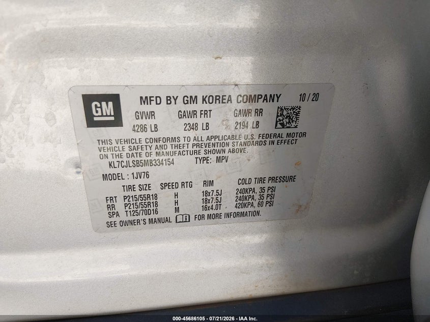 2021 Chevrolet Trax VIN KL7CJLSB5MB334154 IAAI salvage auction — THEFT, Clear (Florida), sold $2,050 on 2026-07-29 (photo 9)