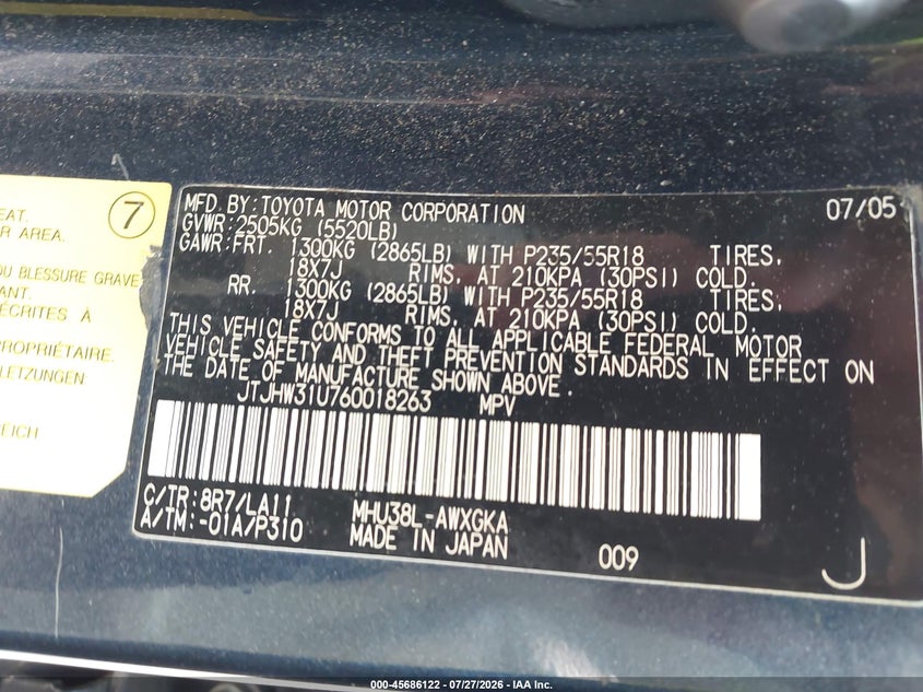 2006 Lexus Rx 400 VIN JTJHW31U760018263 IAAI salvage auction — NORMAL WEAR, Salvage Rebuilt (North Carolina), sold $700 on 2026-07-31 (photo 9)