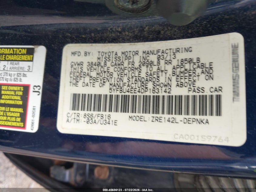 2013 Toyota Corolla VIN 5YFBU4EE4DP163142 IAAI salvage auction — NORMAL WEAR, Clear (Massachusetts), sold $1,300 on 2026-07-31 (photo 9)