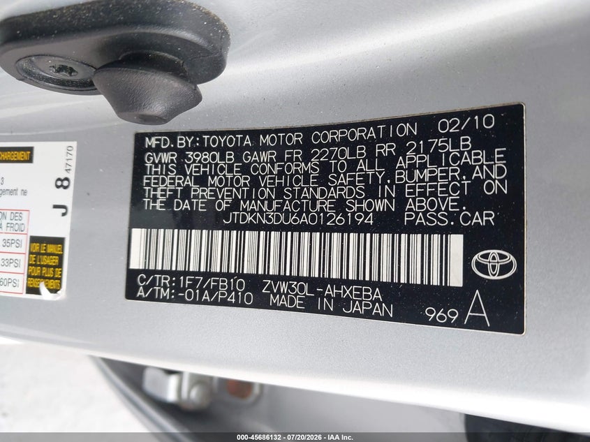 2010 Toyota Prius VIN JTDKN3DU6A0126194 IAAI salvage auction — NORMAL WEAR, Clear - Dealer Only (California), sold $525 on 2026-07-29 (photo 9)