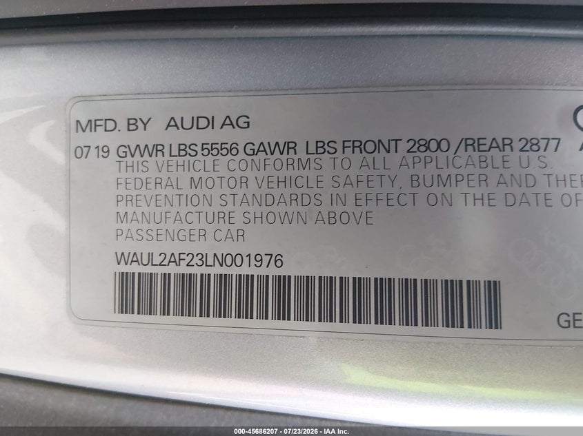 2020 Audi A6 VIN WAUL2AF23LN001976 IAAI salvage auction — FRONT END, Original (Texas), sold $8,550 on 2026-09-04 (photo 9)