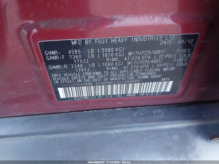 2013 Subaru Outback VIN 4S4BRBCC2D3309940 IAAI salvage auction — FRONT & REAR, Salvage Title, sold $525 on 2026-08-02 (photo 9)