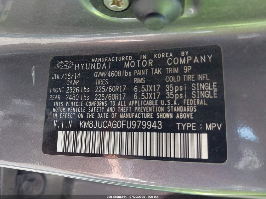 2015 Hyundai Tucson VIN KM8JUCAG0FU979943 IAAI salvage auction — ROLLOVER, Wait Title, sold $525 on 2026-08-01 (photo 9)
