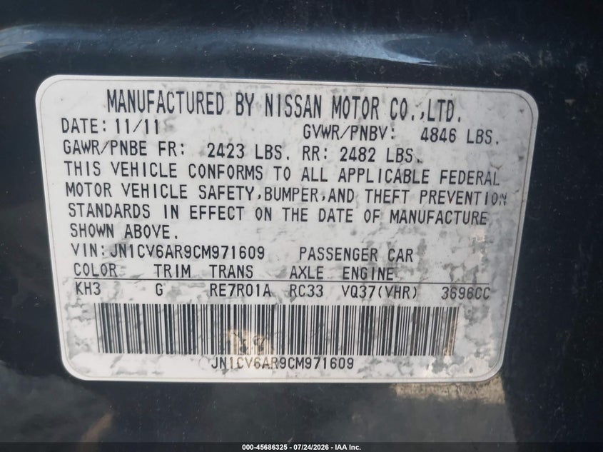 2012 Infiniti G37 VIN JN1CV6AR9CM971609 IAAI salvage auction — REAR END, Reconstructed (Massachusetts), sold $825 on 2026-07-31 (photo 9)