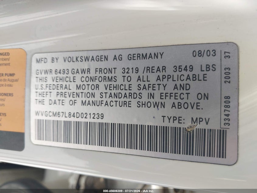 2004 Volkswagen Touareg VIN WVGCM67L84D021239 IAAI salvage auction — REAR END, Clear (Washington), sold $350 on 2026-08-06 (photo 9)