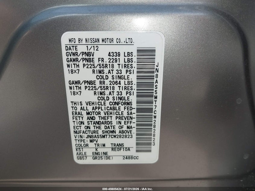 2012 Nissan Rogue VIN JN8AS5MT7CW282823 IAAI salvage auction — NORMAL WEAR, Salvage Title, sold $525 on 2026-07-28 (photo 9)