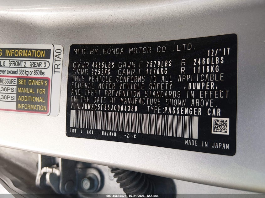 2018 Honda Clarity VIN JHMZC5F35JC004380 IAAI salvage auction — UNKNOWN, Salvage Title, sold $5,600 on 2026-08-02 (photo 9)