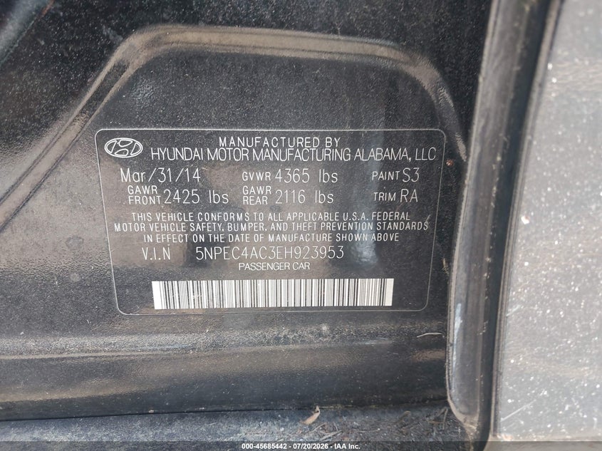 2014 Hyundai Sonata VIN 5NPEC4AC3EH923953 IAAI salvage auction — NORMAL WEAR, Clear (Massachusetts), sold $725 on 2026-08-01 (photo 9)