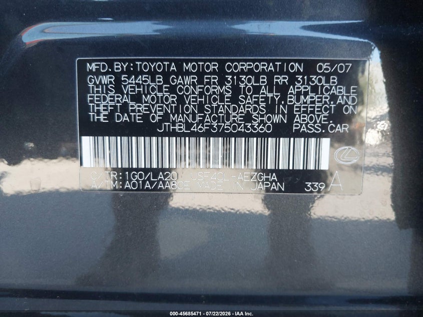 2007 Lexus Ls 460 VIN JTHBL46F375043360 IAAI salvage auction — REAR END, Salvage (California), sold $3,550 on 2026-08-03 (photo 9)
