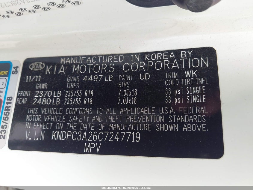 2012 Kia Sportage VIN KNDPC3A26C7247719 IAAI salvage auction — NORMAL WEAR, Clear - Dealer Only (California), sold $175 on 2026-07-29 (photo 9)