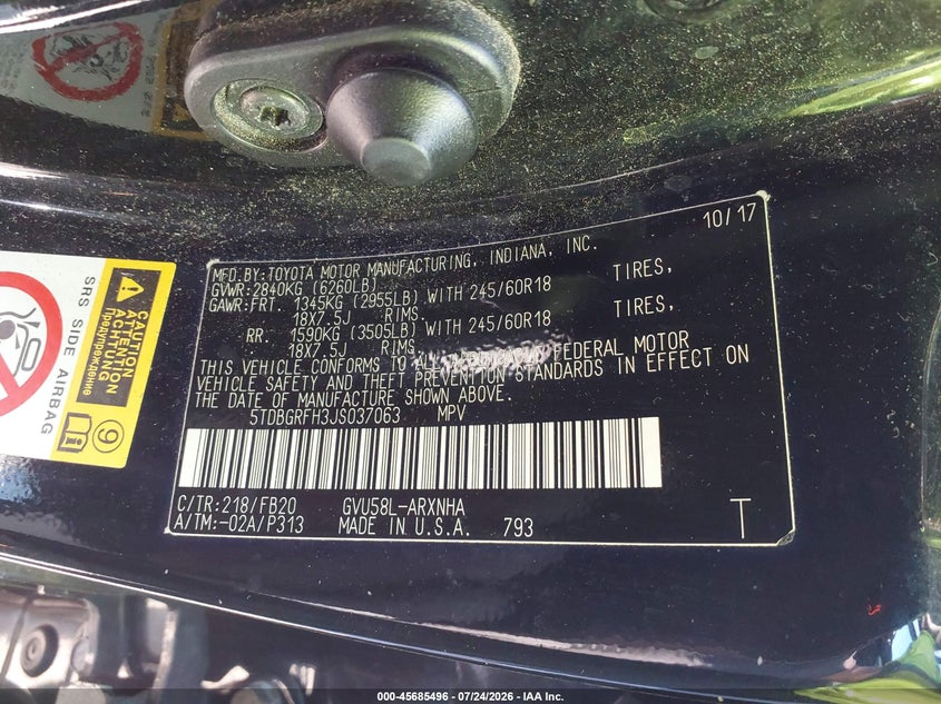 2018 Toyota Highlander VIN 5TDBGRFH3JS037063 IAAI salvage auction — ALL OVER, Clear (New York), sold $25 on 2026-07-29 (photo 9)
