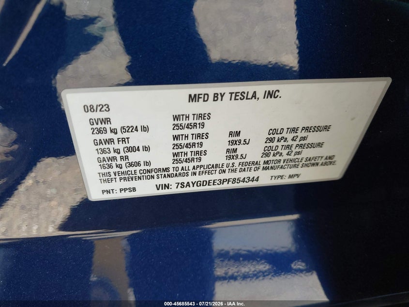 2023 Tesla Model y VIN 7SAYGDEE3PF854344 IAAI salvage auction — REAR END, Salvage (California), sold $10,700 on 2026-08-24 (photo 9)