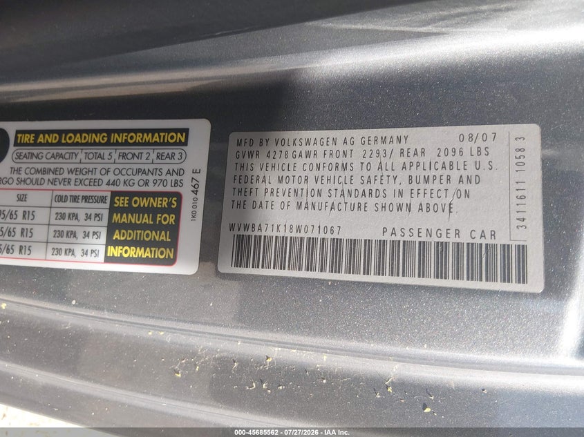 2008 Volkswagen Rabbit VIN WVWBA71K18W071067 IAAI salvage auction — NORMAL WEAR, Clear (Texas), sold $350 on 2026-07-30 (photo 9)