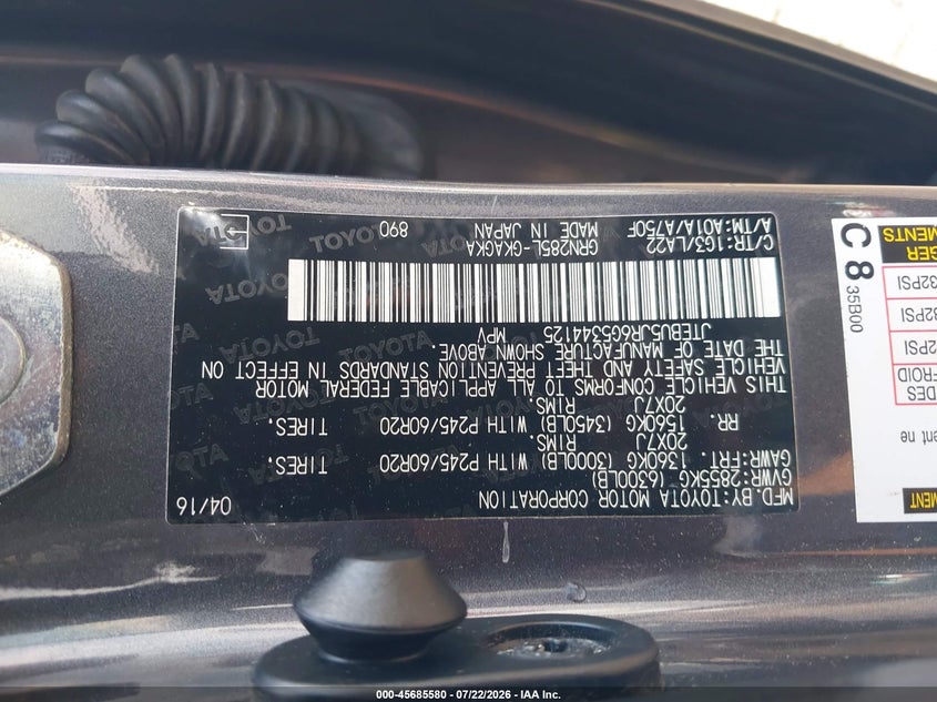 2016 Toyota 4runner VIN JTEBU5JR6G5344125 IAAI salvage auction — FRONT END, Clear (Massachusetts), sold $8,800 on 2026-07-29 (photo 9)