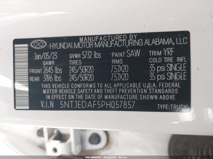 2023 Hyundai Santa cruz VIN 5NTJEDAF5PH057857 IAAI salvage auction — SIDE, Salvage Title, sold $6,800 on 2026-08-03 (photo 9)