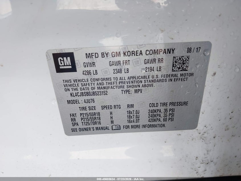 2018 Buick Encore VIN KL4CJBSB0JB523152 IAAI salvage auction — FRONT END, Clear (Indiana), sold $3,075 on 2026-09-04 (photo 9)
