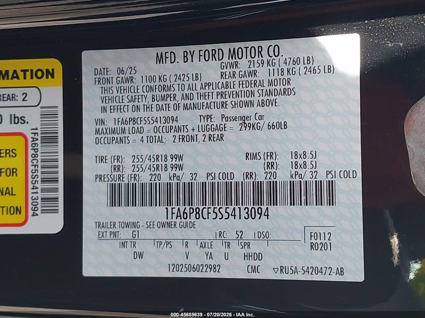 2025 Ford Mustang VIN 1FA6P8CF5S5413094 IAAI salvage auction — NORMAL WEAR, Clear (Colorado), sold $15,500 on 2026-07-30 (photo 9)