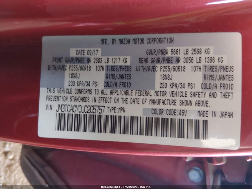 2018 Mazda Cx-9 VIN JM3TCACY0J0205757 IAAI salvage auction — NORMAL WEAR, Clear-Dealer Only (Arizona), sold $25 on 2026-07-28 (photo 9)