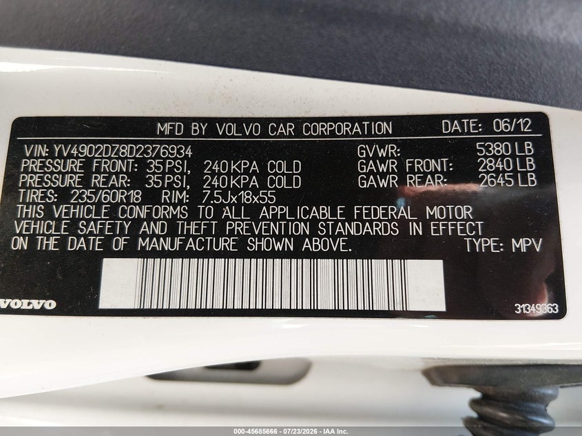 2013 Volvo Xc60 VIN YV4902DZ8D2376934 IAAI salvage auction — RIGHT FRONT, Salvage Title, sold $550 on 2026-08-13 (photo 9)