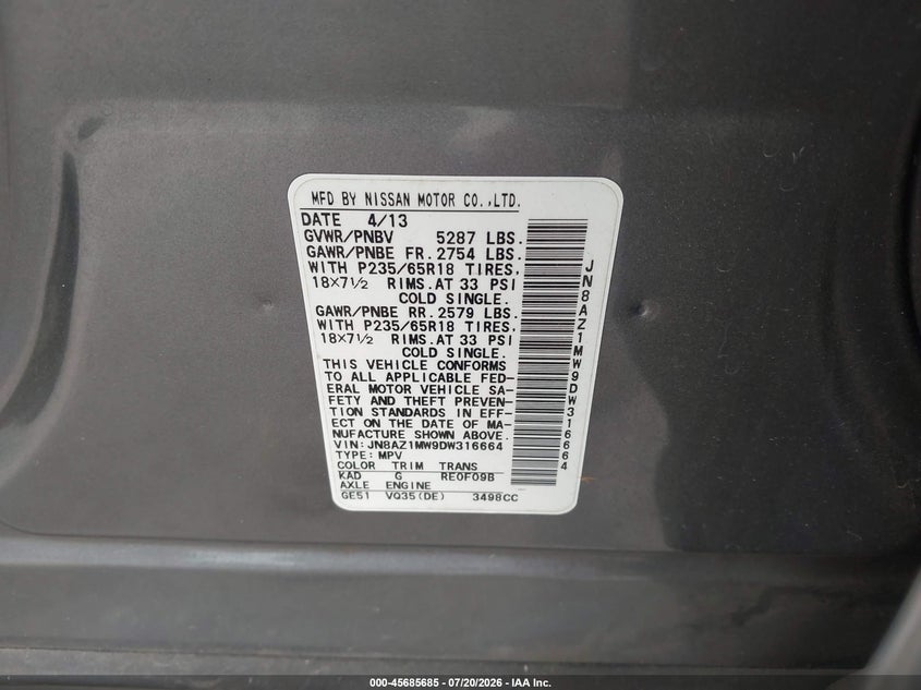 2013 Nissan Murano VIN JN8AZ1MW9DW316664 IAAI salvage auction — NORMAL WEAR, Clear-Dealer Only (Washington), sold $925 on 2026-07-23 (photo 9)