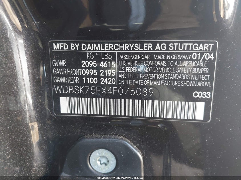 2004 Mercedes-benz Sl-class VIN WDBSK75FX4F076089 IAAI salvage auction — NORMAL WEAR, Clear - Dealer Only (California), sold $50 on 2026-07-29 (photo 9)
