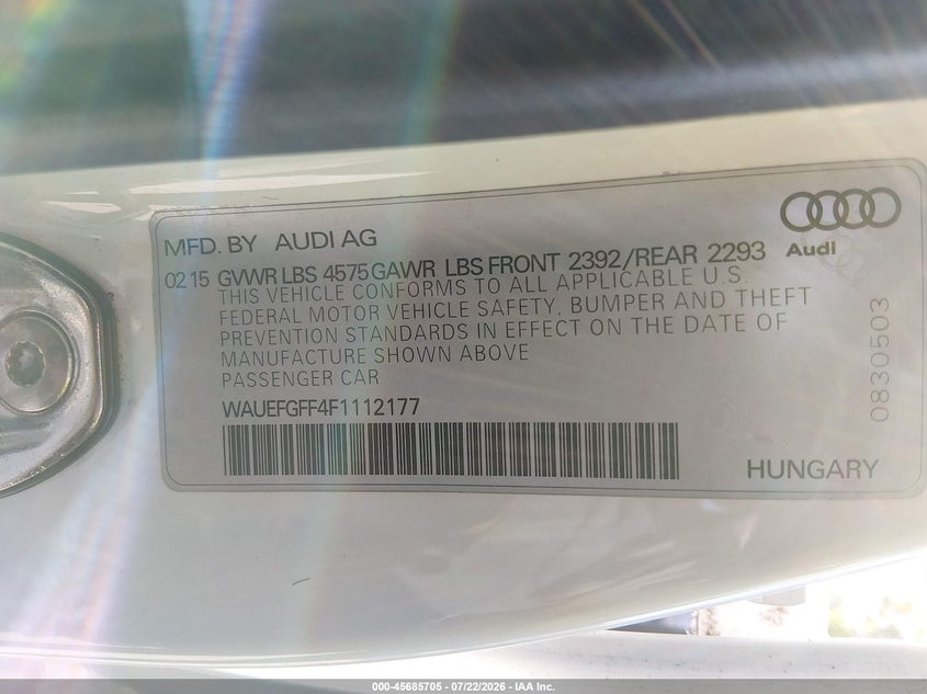 2015 Audi A3 VIN WAUEFGFF4F1112177 IAAI salvage auction — NORMAL WEAR, Clear (Illinois), sold $450 on 2026-07-28 (photo 9)