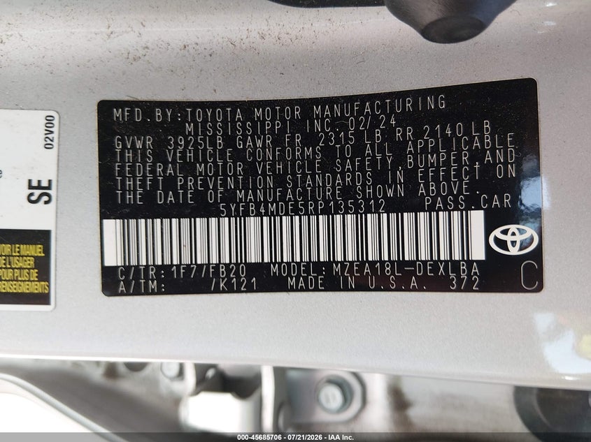 2024 Toyota Corolla VIN 5YFB4MDE5RP135312 IAAI salvage auction — ALL OVER, Original (Kentucky), sold $10,500 on 2026-07-28 (photo 9)