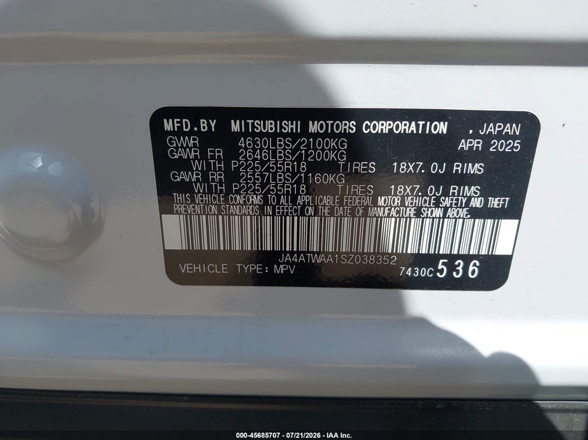 2025 Mitsubishi Eclipse cross VIN JA4ATWAA1SZ038352 IAAI salvage auction — FRONT END, Enterprise Vehicles Clear Only (Texas), sold $25 on 2026-07-23 (photo 9)