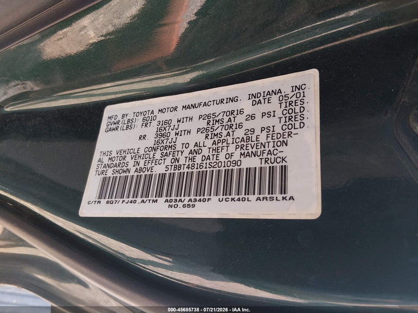 2001 Toyota Tundra VIN 5TBBT48161S201090 IAAI salvage auction — NORMAL WEAR, Clear (Illinois), sold $25 on 2026-07-29 (photo 9)