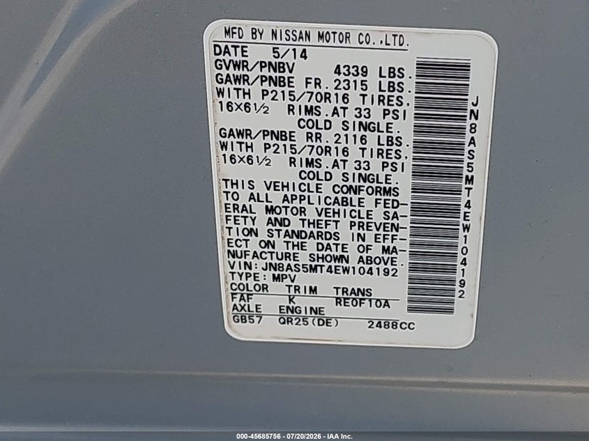 2014 Nissan Rogue VIN JN8AS5MT4EW104192 IAAI salvage auction — NORMAL WEAR, Clear (Florida), sold $1,100 on 2026-07-30 (photo 9)