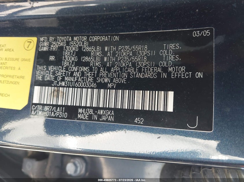 2006 Lexus Rx 400h VIN JTJHW31U160003046 IAAI salvage auction — NORMAL WEAR, Clear (New York), sold $450 on 2026-07-28 (photo 9)