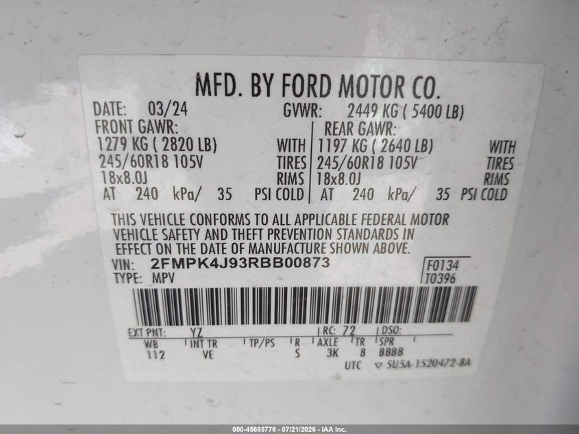 2024 Ford Edge VIN 2FMPK4J93RBB00873 IAAI salvage auction — NORMAL WEAR, Enterprise Vehicles Clear Only (Texas), sold $11,200 on 2026-07-28 (photo 9)