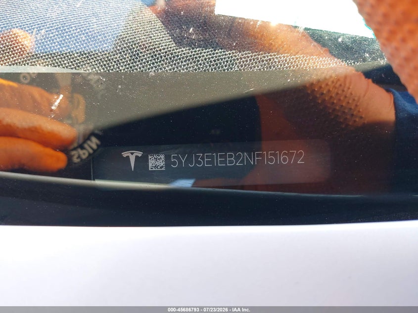 2022 Tesla Model 3 VIN 5YJ3E1EB2NF151672 IAAI salvage auction — FRONT END, Salvage Title, sold $5,400 on 2026-08-27 (photo 9)