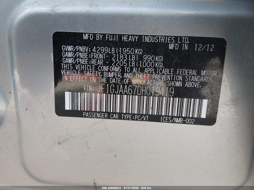 2013 Subaru Impreza VIN JF1GJAA67DH019419 IAAI salvage auction — SIDE, Clear (New Mexico), sold $25 on 2026-07-29 (photo 9)