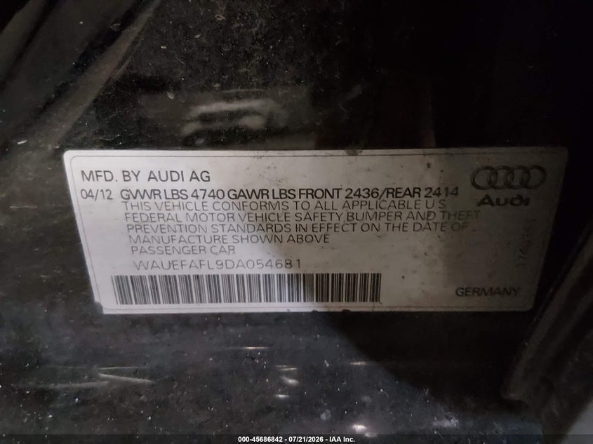 2013 Audi A4 VIN WAUEFAFL9DA054681 IAAI salvage auction — NORMAL WEAR, Clear (Oregon), sold $1,250 on 2026-08-01 (photo 9)