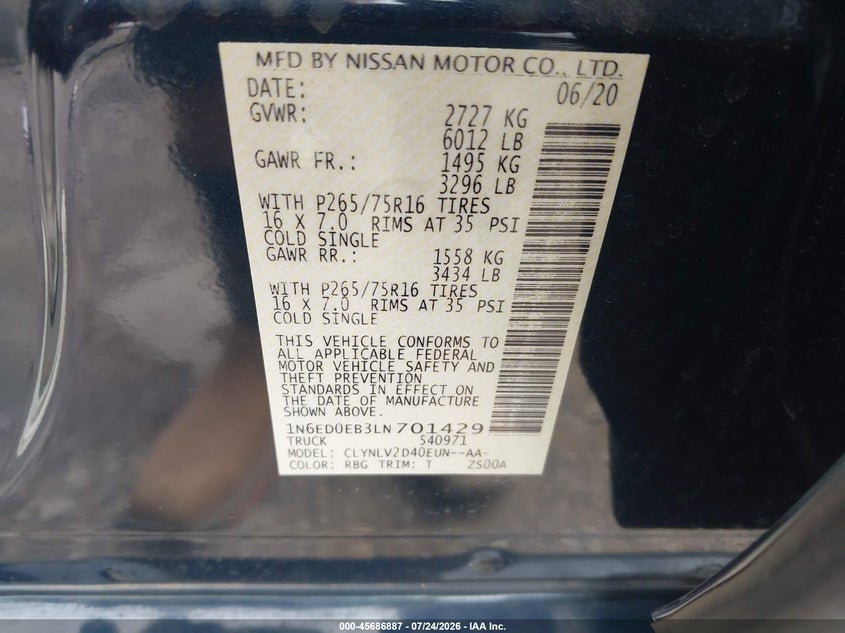 2020 Nissan Navara (frontier) VIN 1N6ED0EB3LN701429 IAAI salvage auction — NORMAL WEAR, Salvage Title, sold $16,900 on 2026-08-20 (photo 9)