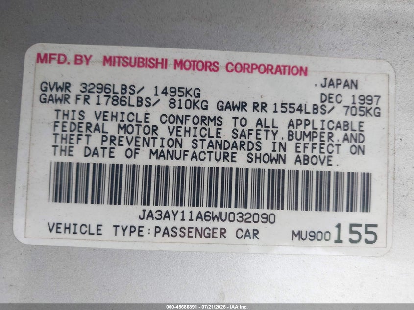 1998 Mitsubishi Mirage VIN JA3AY11A6WU032090 IAAI salvage auction — NORMAL WEAR, Clear (Maryland), sold $275 on 2026-07-30 (photo 9)