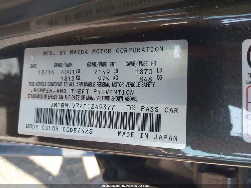 2015 Mazda 3 VIN JM1BM1V72F1249377 IAAI salvage auction — RIGHT FRONT, Mv-907A (New York), sold $400 on 2026-07-28 (photo 9)