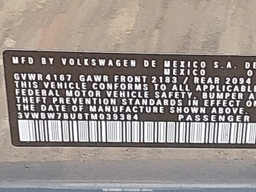 2026 Volkswagen Jetta VIN 3VWBW7BU8TM039384 IAAI salvage auction — SIDE, Salvage Title, sold $7,300 on 2026-08-22 (photo 9)