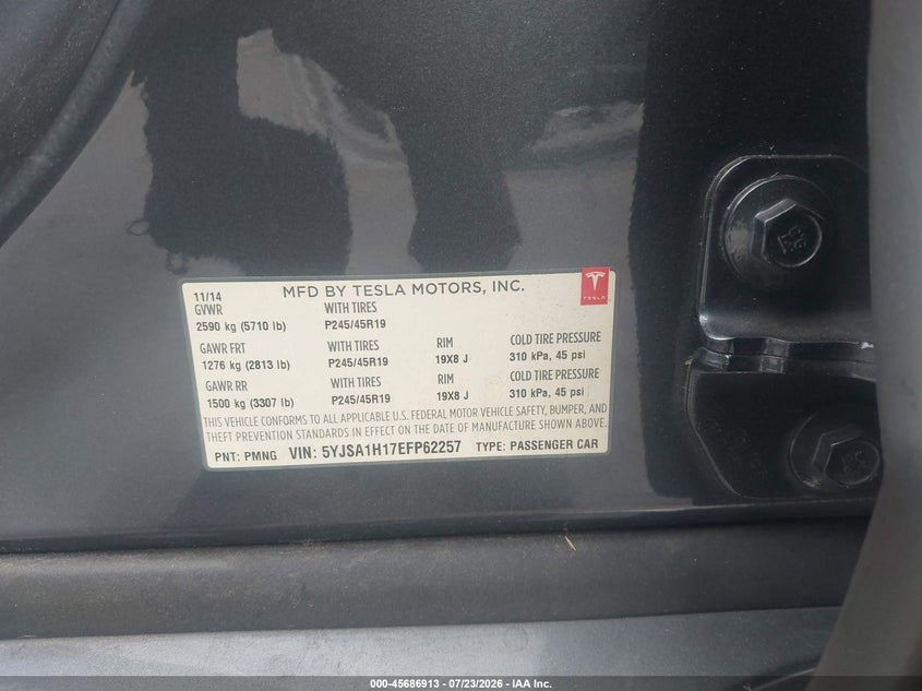 2014 Tesla Model s VIN 5YJSA1H17EFP62257 IAAI salvage auction — LEFT REAR, Wait Title, sold $2,450 on 2026-08-03 (photo 9)