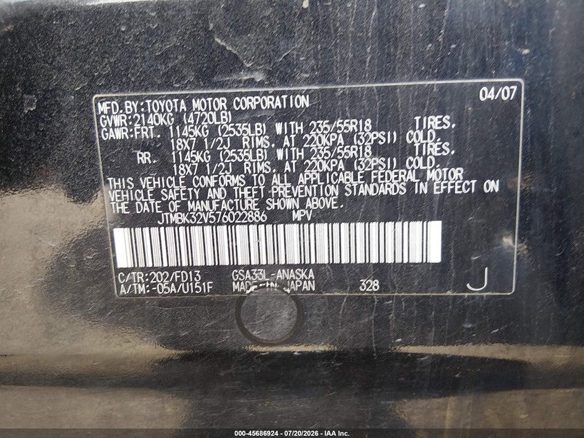 2007 Toyota Rav4 VIN JTMBK32V576022886 IAAI salvage auction — NORMAL WEAR, Clear (California), sold $775 on 2026-07-31 (photo 9)