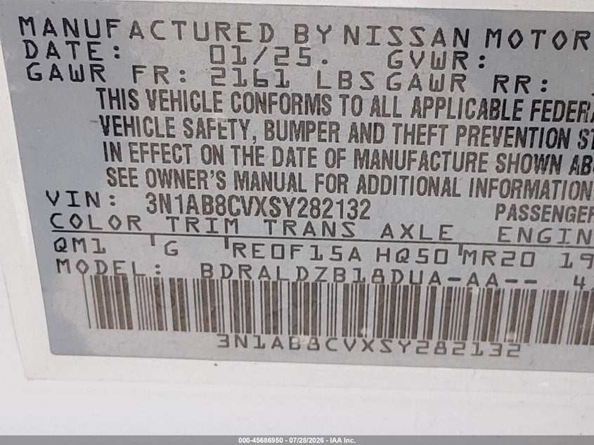 2025 Nissan Sentra VIN 3N1AB8CVXSY282132 IAAI salvage auction — SIDE, Enterprise Vehicles Clear Only (Texas), sold $10,200 on 2026-08-01 (photo 9)