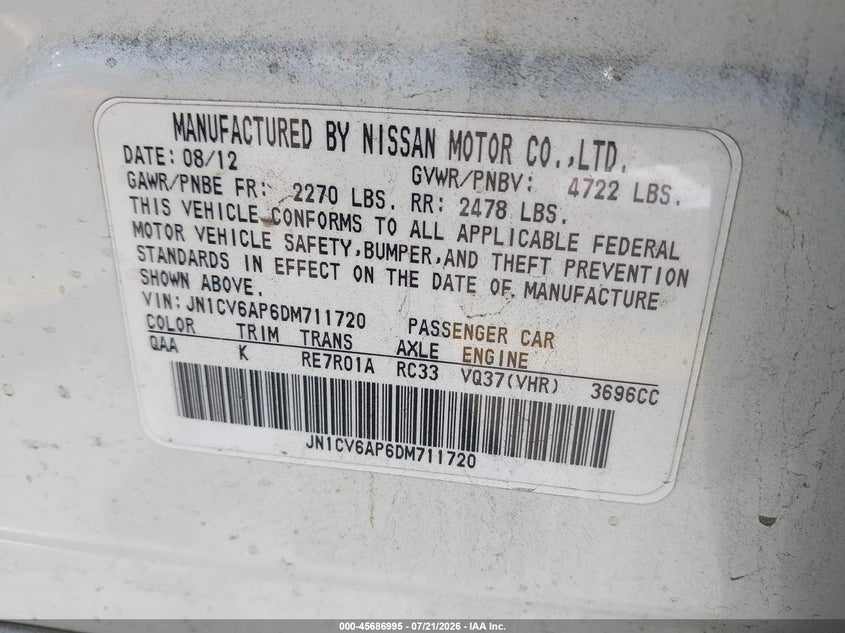 2013 Infiniti G VIN JN1CV6AP6DM711720 IAAI salvage auction — FRONT END, Salvage (California), sold $1,200 on 2026-07-28 (photo 9)