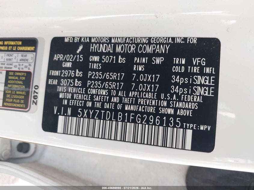 2015 Hyundai Santa fe VIN 5XYZTDLB1FG296135 IAAI salvage auction — MECHANICAL, Clear (Virginia), sold $825 on 2026-07-23 (photo 9)