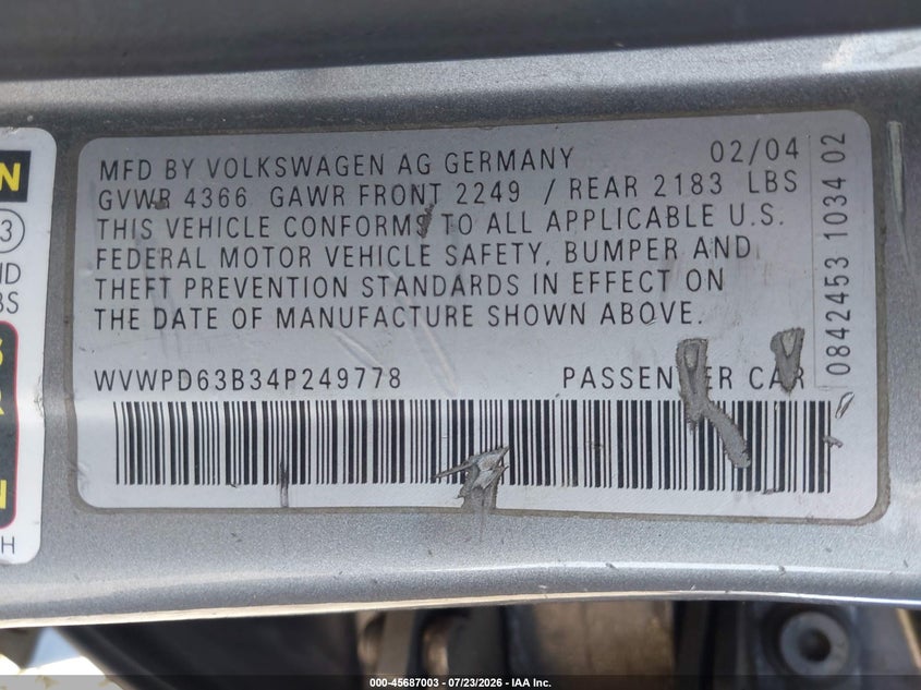 2004 Volkswagen Passat VIN WVWPD63B34P249778 IAAI salvage auction — NORMAL WEAR, Clear - Public Restricted (Oregon), sold $175 on 2026-08-03 (photo 9)
