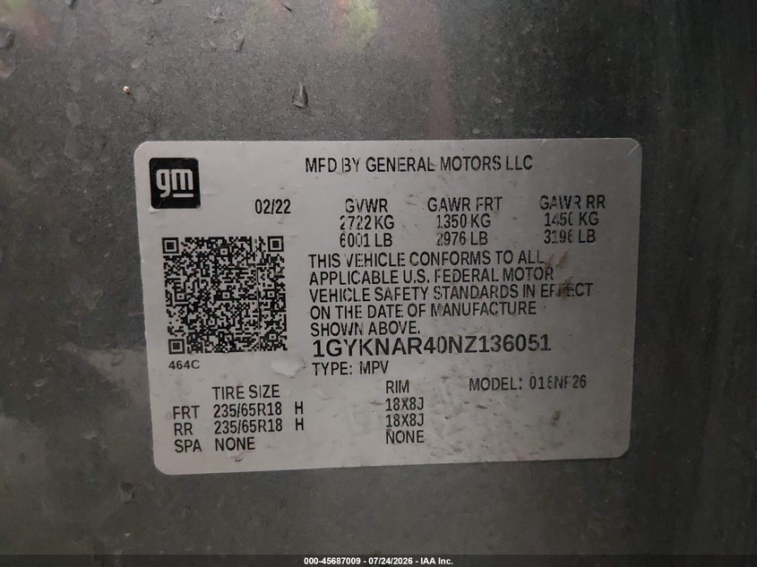 2022 Cadillac Xt5 VIN 1GYKNAR40NZ136051 IAAI salvage auction — FRONT END, Salvage Title, sold $5,425 on 2026-09-08 (photo 9)